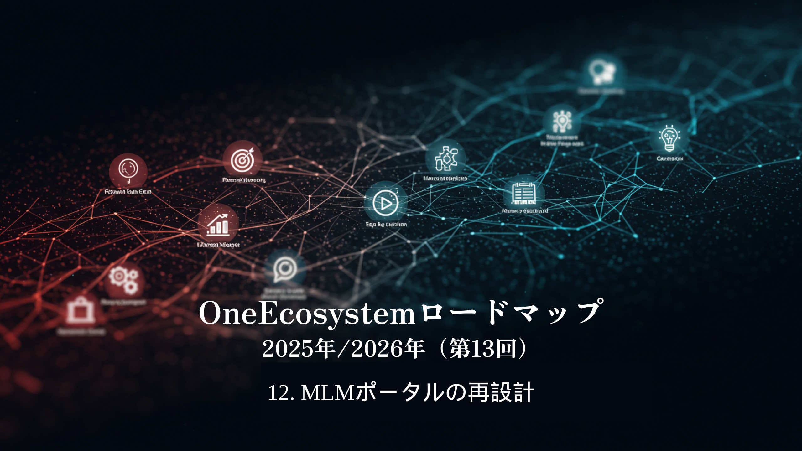 Una red digital de iconos tecnológicos interconectados forma parte de la "Hoja de ruta de OneEcosystem 2025/2026 (13ª)12. El texto japonés "Rediseño del portal MLM" se coloca sobre un fondo oscuro y moderno.