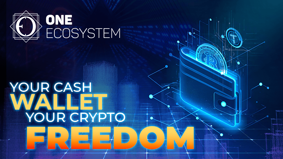 Desde la interfaz azul brillante, aparece una billetera digital con monedas de criptomonedas. El texto dice: "Un ecosistema, su billetera de efectivo. Tu libertad criptográfica. "El fondo representa un patrón de redes digitales y luces de la ciudad, destacando la última actualización.